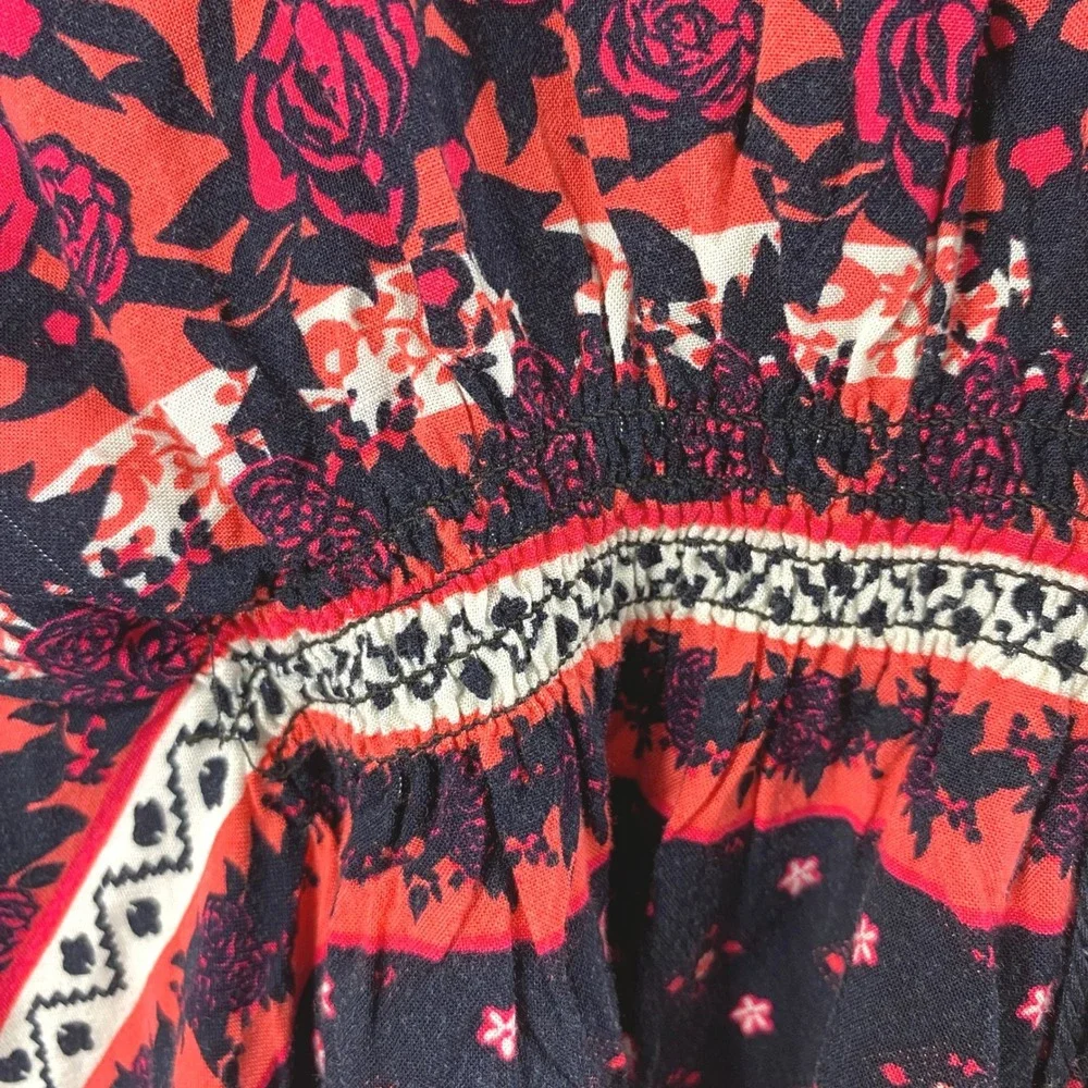 Cato Top Women Large Blue Coral Floral Boho Smocked Waist Bat Wing Sleeve Blouse